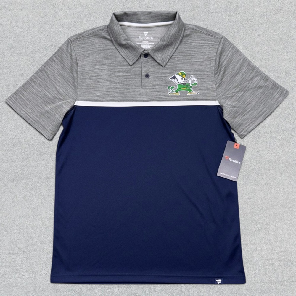 Notre Dame Polo Shirt Mens M Navy Grey Colorblock Leprechaun Defender Irish NWT‎